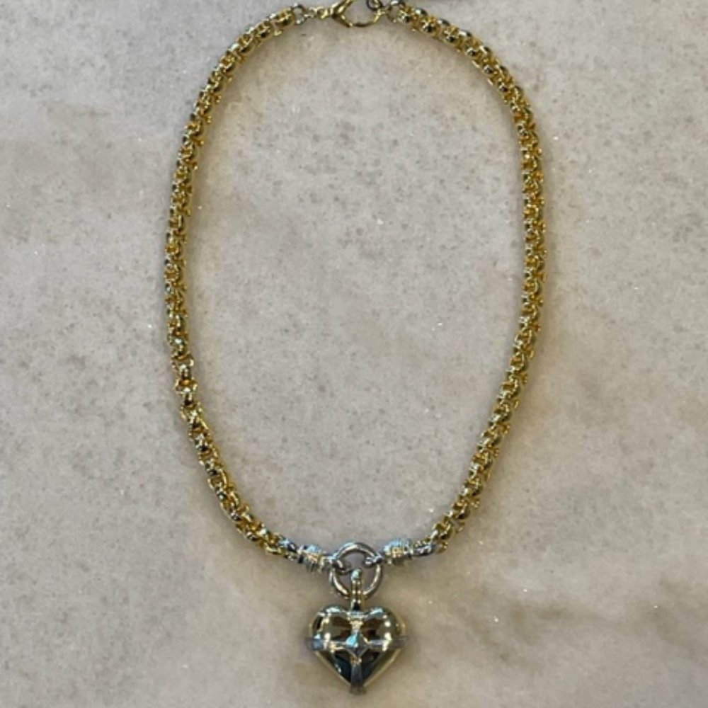 Vintage Catherine Stein 18" heavy chain gold tone necklace & heart pendant / pin